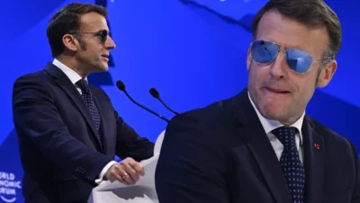 Fransa Cumhurbaşkanı Emmanuel Macron’un Davos’taki Dünya Ekonomik Forumu’na güneş gözlüğüyle
