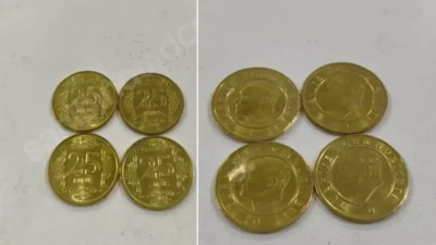 Tedavülde bulunmasına rağmen üretimi sonlandırılan altın renkli 25 kuruş, ilan